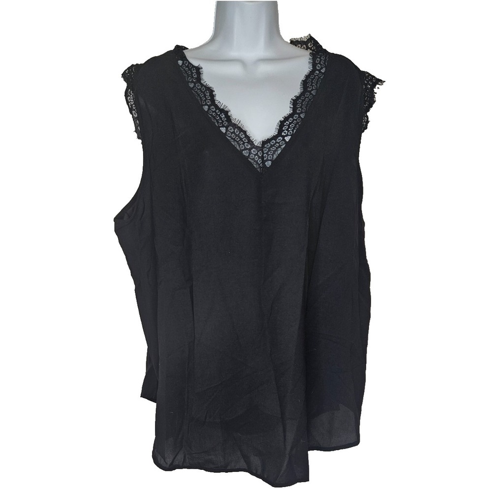 Womens 3XL Black Lace Trim Sleeveless Blouse Sheer High Low Plus Minimal Chic‎